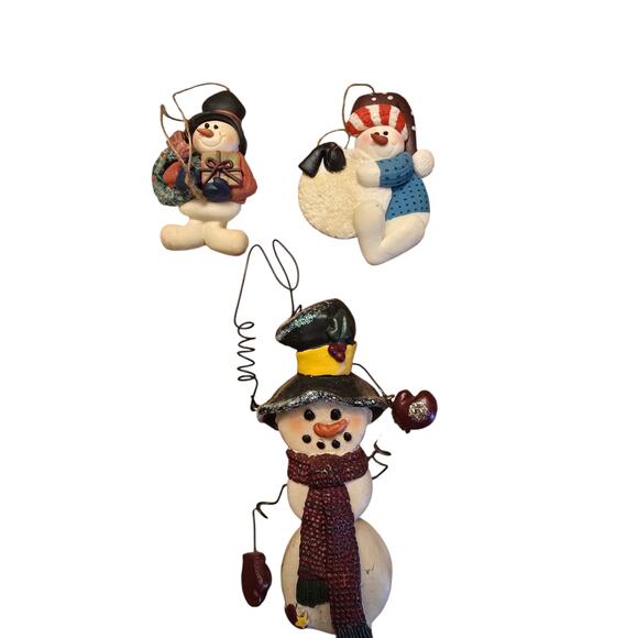 Vintage Henton Snowmen Set of 3 Christmas Ornaments Clay Ceramic - Picture 6 of 6